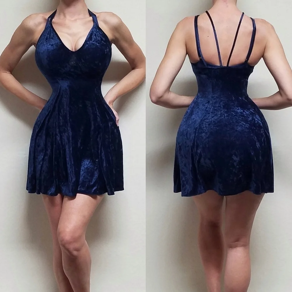 Vintage Petra Fashions Blue Crushed Velvet Double Strap Fit & Flare Mini Dress L - Picture 1 of 15